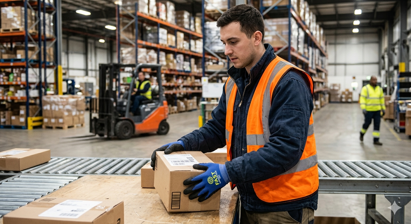Warehouse employee with 'FAST LOGISTICS USA' logo on nitrile-coated gloves, actively sorting packages in a busy logistics center.