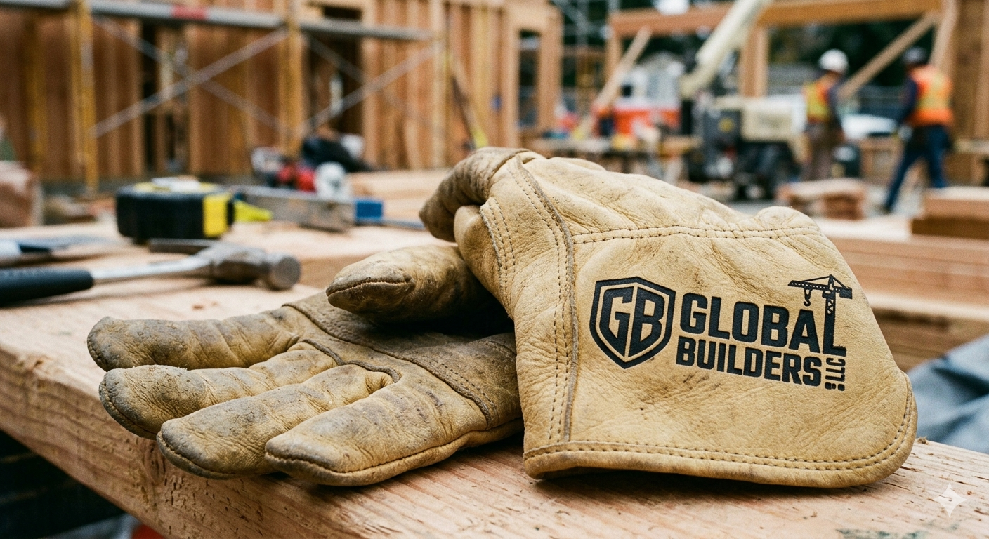 Rugged leather palm work gloves with a stamped GLOBAL BUILDERS LLC logo on the back of the hand, clearly showing branding visibility