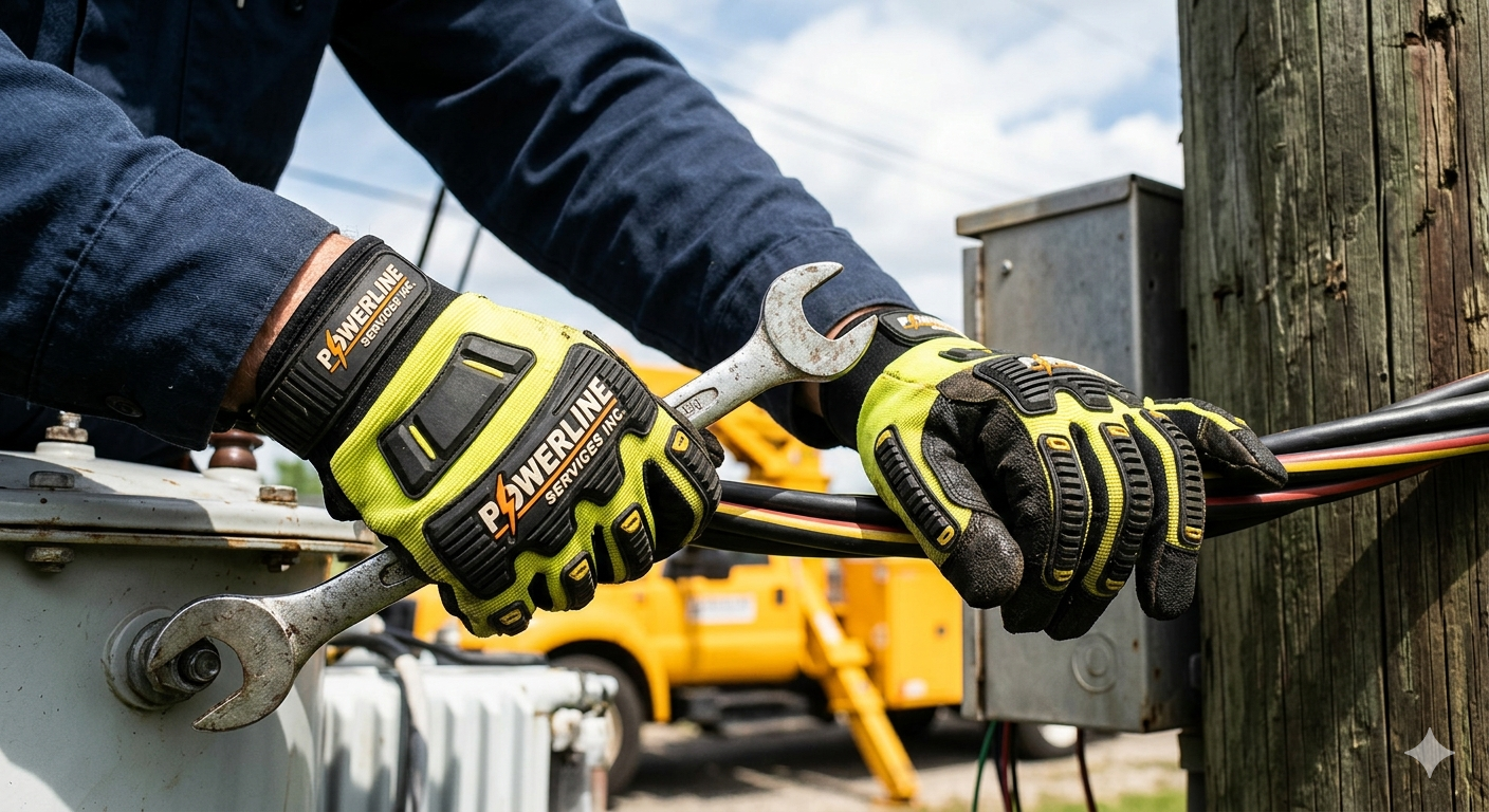 Utility worker hands wearing POWERLINE SERVICES INC. logo mechanic gloves while working on an insulated cable outdoors.